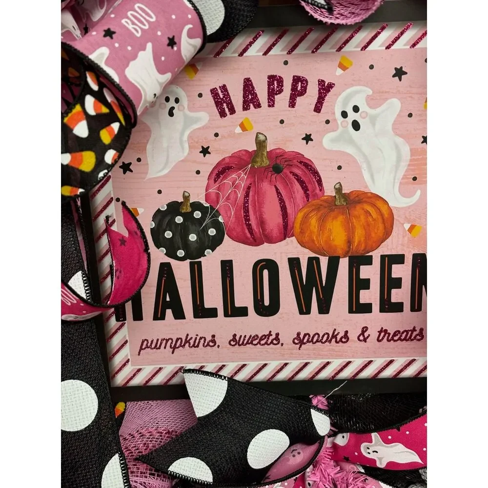 Happy Halloween Pink Mesh Wreath
